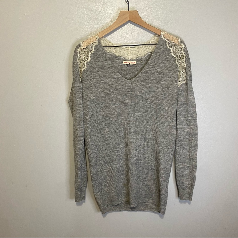 REBECCA TAYLOR Wool Alpaca Blend Sweater with Lace Shoulder Detail Gray M